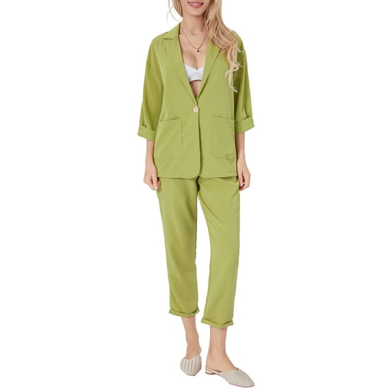Cenuakty Women Blazer Suit, Elegant Long Sleeve Lapel Collar Jacket with Pants Lounge Outfit
