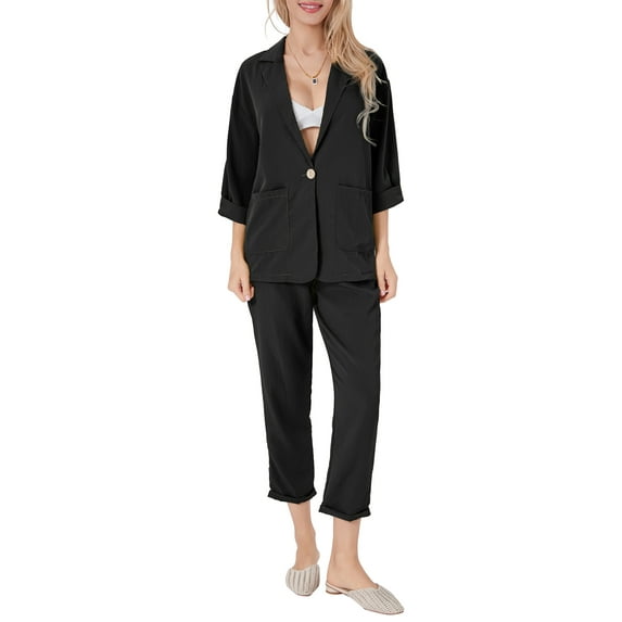 Cenuakty Women Blazer Suit, Elegant Long Sleeve Lapel Collar Jacket with Pants Lounge Outfit