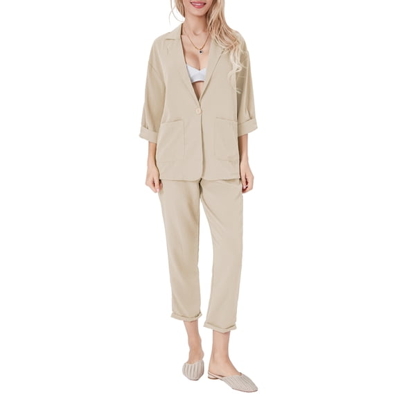Cenuakty Women Blazer Suit, Elegant Long Sleeve Lapel Collar Jacket with Pants Lounge Outfit