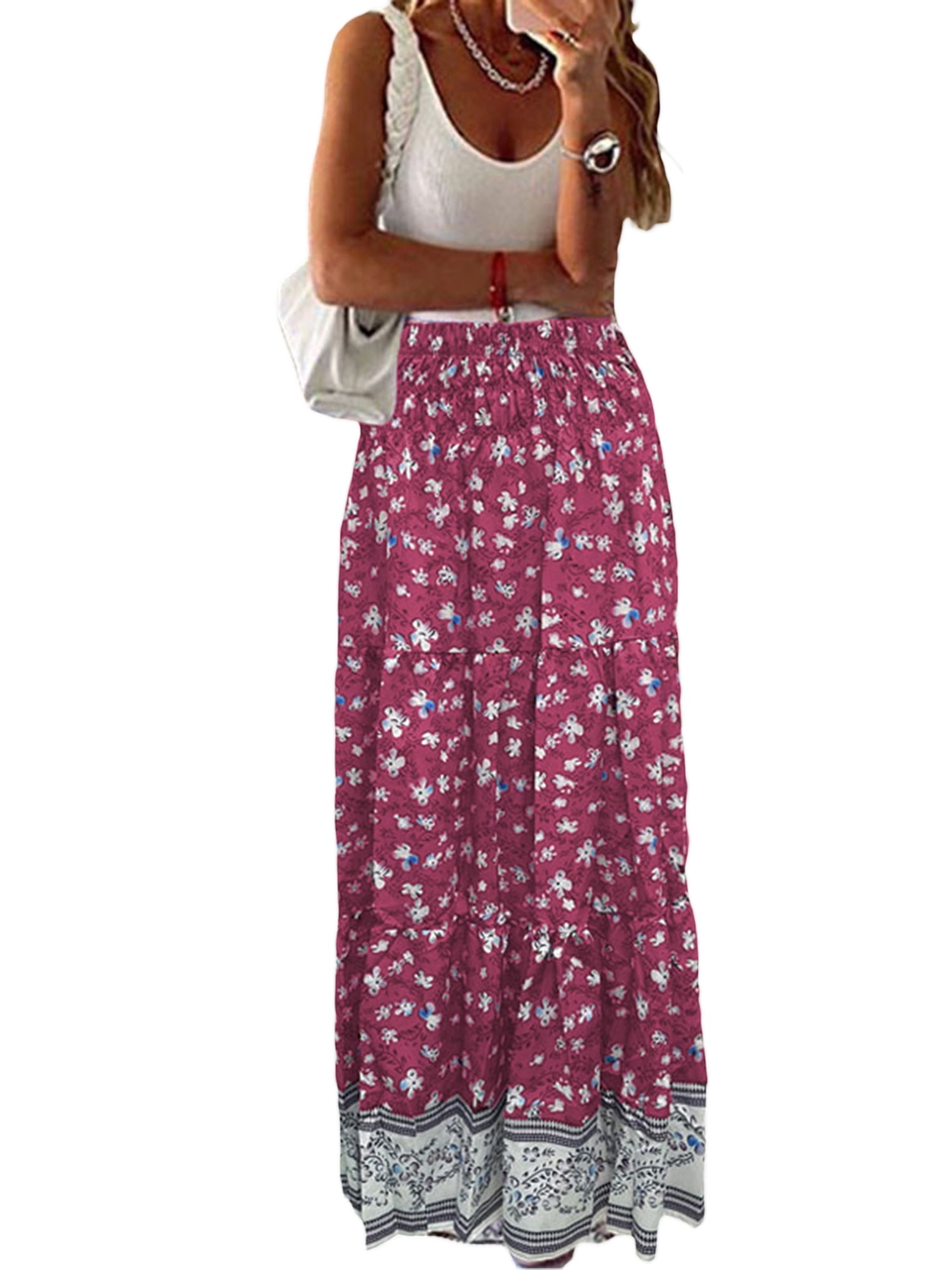 PRETTYGARDEN Women's Floral Boho Midi Skirt – Elastic High Waist Summer Skirt - View #9
