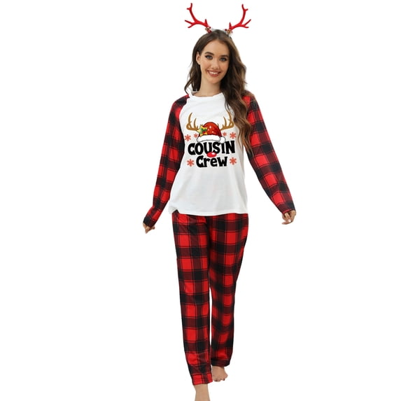 Cenuakty Women Christmas Pajama Set Casual Long Sleeve Round Neck Tops and Plaid Pants 2 Piece Sleepwear Loungewear