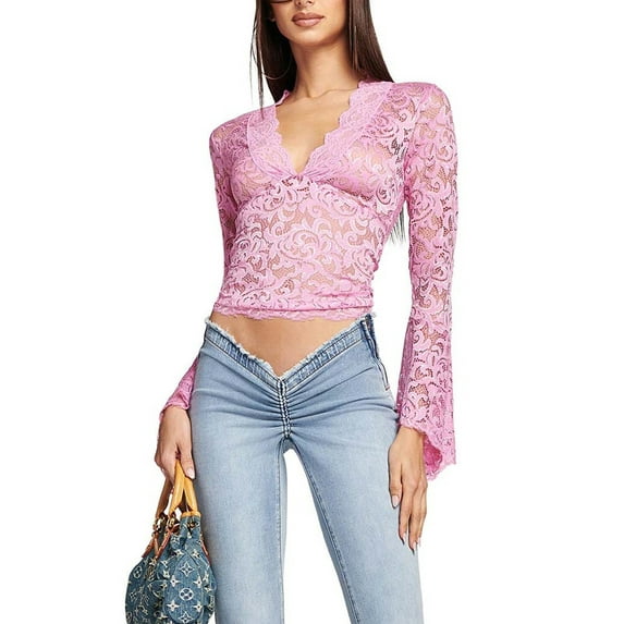 Cenuakty Women Crop Tops, Long Sleeve V Neck Lace See Through Solid Color Casual Party Street Summer Shirt