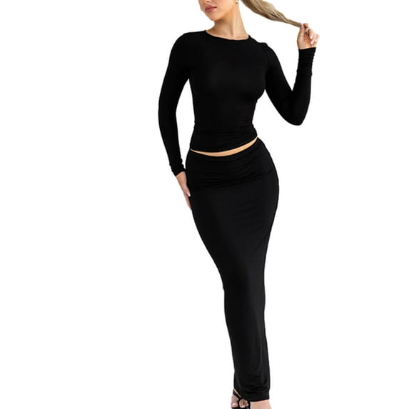 Cenuakty Women Fall Skirts Outfits Solid Color Crew Neck Long Sleeve T-Shirts Tops Packaged Hip Long Skirts 2 Pieces Clothes Set