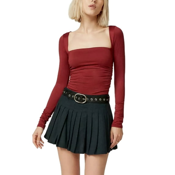 Cenuakty Women Fashion Short T-Shirts Solid Color Square Neck Long Sleeve Shirts Spring Fall Slim Fit Tops Streetwear