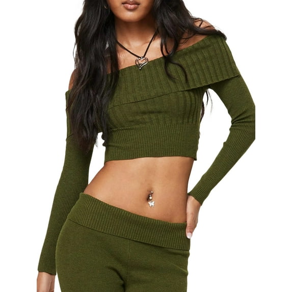 Cenuakty Women Knit Crop Tops Solid Color Boat Neck Long Sleeve Sweater Spring Fall Casual Slim Fit T-Shirts Streetwear