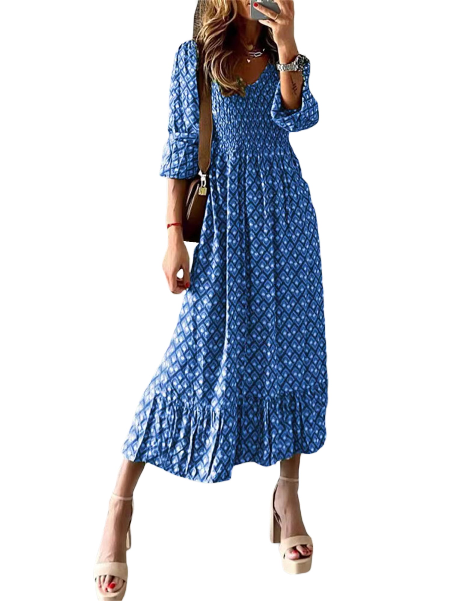 Cenuakty Women Long Dress, 3/4 Sleeve Dress V Neck Pleated Graphic ...