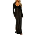 thumbnail image 1 of Cenuakty Women Long Dress Set, V-neck Lace Patchwork Slip Dress with Long Sleeve Tie-up Cardigan, 1 of 9