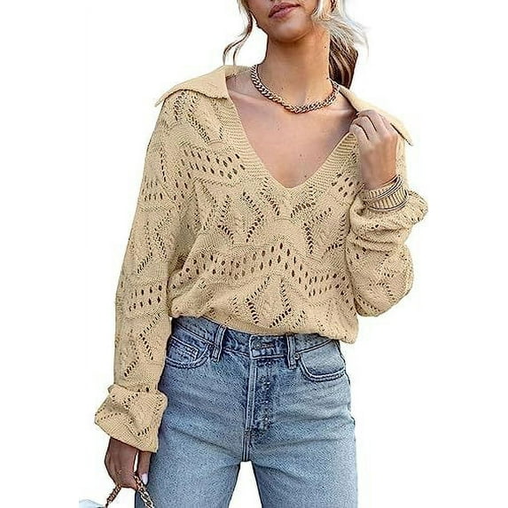 Cenuakty Women Loose Knit Sweater Hollow-Out Solid Color Long Sleeve Pullovers Fall Winter Turn-Down Collar Jumpers Streetwear