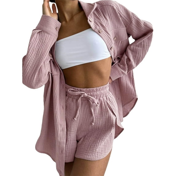 Cenuakty Women Pajamas Set 2 Pieces Loungewear Suits Solid Color Turn-Down Collar Long Sleeve Shirts Tops and Shorts Sleepwear Outfits