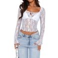 thumbnail image 1 of Cenuakty Women Short T-Shirts Lace See-Through Tie-Up U-Neck Long Sleeve Shirts Spring Fall Slim Fit Tops Streetwear, 1 of 2