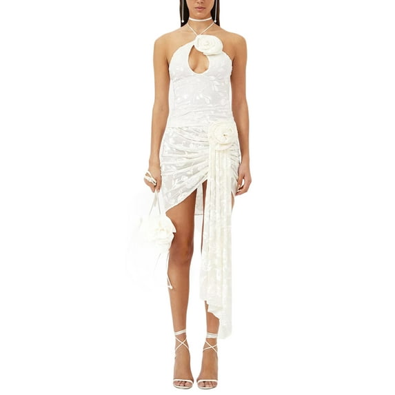 Cenuakty Women Skirt Set, Tie-up Halterneck Backless Flower Vest with Pleated Irregular Bodycon Skirt Summer Outfit