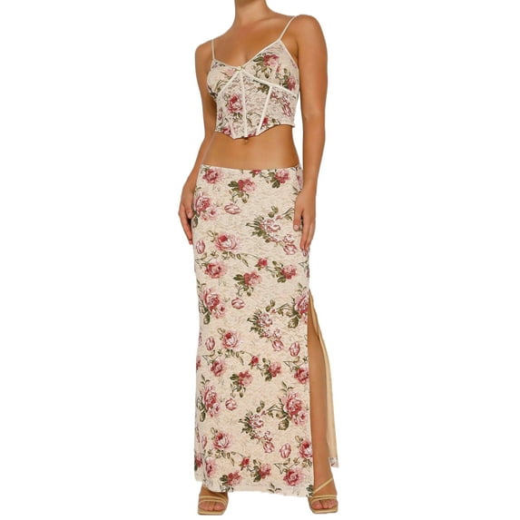 Cenuakty Women Skirt Set, Vintage V-neck Camisole with Low Waist Long Slit Skirt Summer Outfit for Cocktail Party