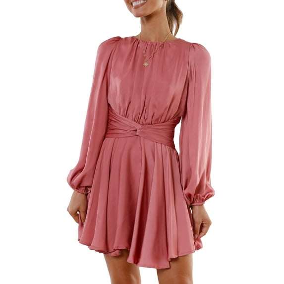 Cenuakty Women Spring Casual A-line Dress Solid Color Round Neck Long Lantern Sleeve Dress Fashion Back Tie-Up Mini Dress