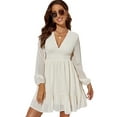 thumbnail image 1 of Cenuakty Women Spring Solid Color  Long Sleeve V-Neck Dress Swiss DotHigh Waist Dress Fall Temperament Mini Dress, 1 of 7