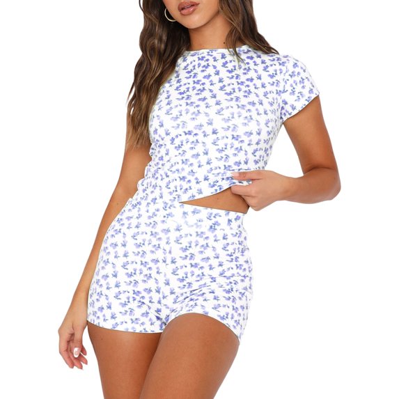 Cenuakty Women Summer 2 Pieces Clothes Outfits Floral Print Crew Neck Short Sleeve Crop Tops and High Waist Shorts Set