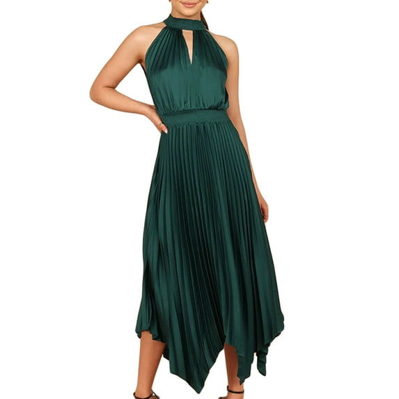Cenuakty Women Summer Casual Midi Dress Solid Color Halter Neck Sleeveless Dress Fashion Irregular Hem Party Dress