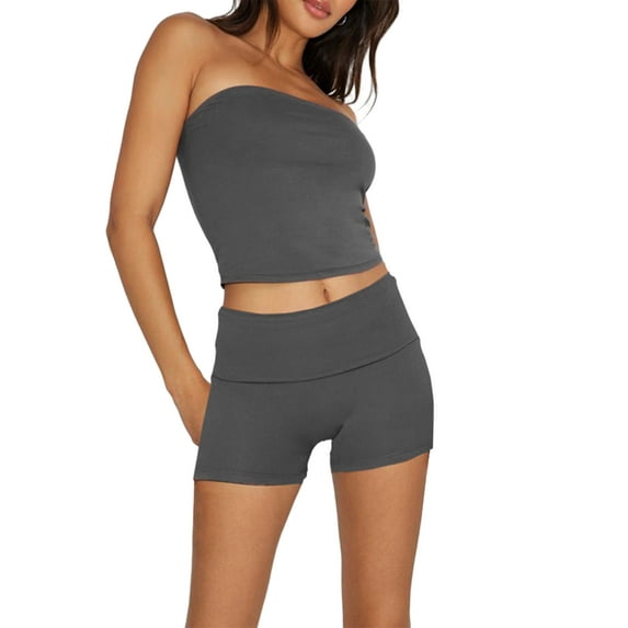 Cenuakty Women Summer Shorts Outfits Solid Color Strapless Tube Tops and Fold Waist Shorts 2 Pieces Clothes Set