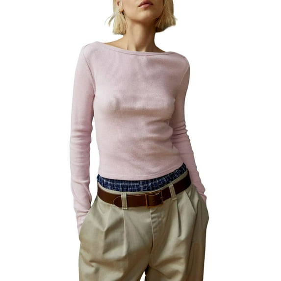 Cenuakty Women T-shirt Long Sleeve Crew Neck Solid/Stripes Slim Fit Ladies Fall Tops Streetwear