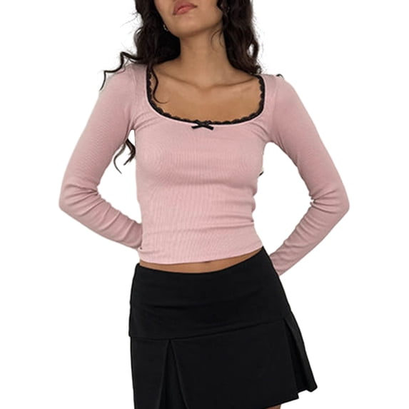 Cenuakty Women T-shirt Long Sleeve Square Neck Lace Patchwork Slim Fit Fall Tops Streetwear