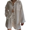 thumbnail image 1 of Cenuakty Women's 2 Piece Casual Outfits Long Sleeve Lapel Button Shirt Drawstring Wide Leg Shorts Sets Streetwear, 1 of 6