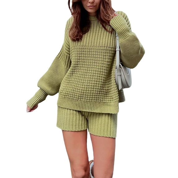 Cenuakty Women's Autumn 2 Piece Shorts Outfits Long Sleeve Crewneck Sweater Knit Shorts Set