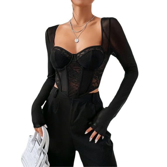 Cenuakty Women’s Corset Crop Tops, Long Sleeve Lace Patchwork Solid Color Asymmetrical Bustier T-Shirts