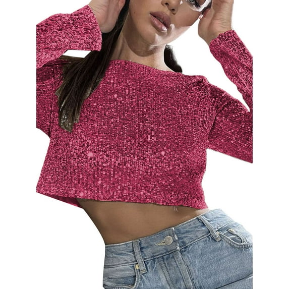 Cenuakty Women’s Full Sequin Cropped Tops Long Sleeve Round Neck Show Navel Glitter Sparkle Party Blouses
