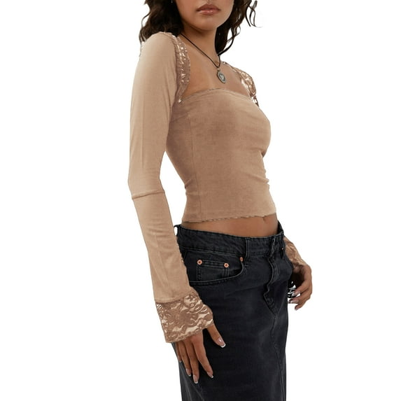 Cenuakty Women´s Lace Patchwork Crop Tops Strapless Solid Color Tube Tops + Long Sleeve Bolero Shrug Set Fall T-Shirt