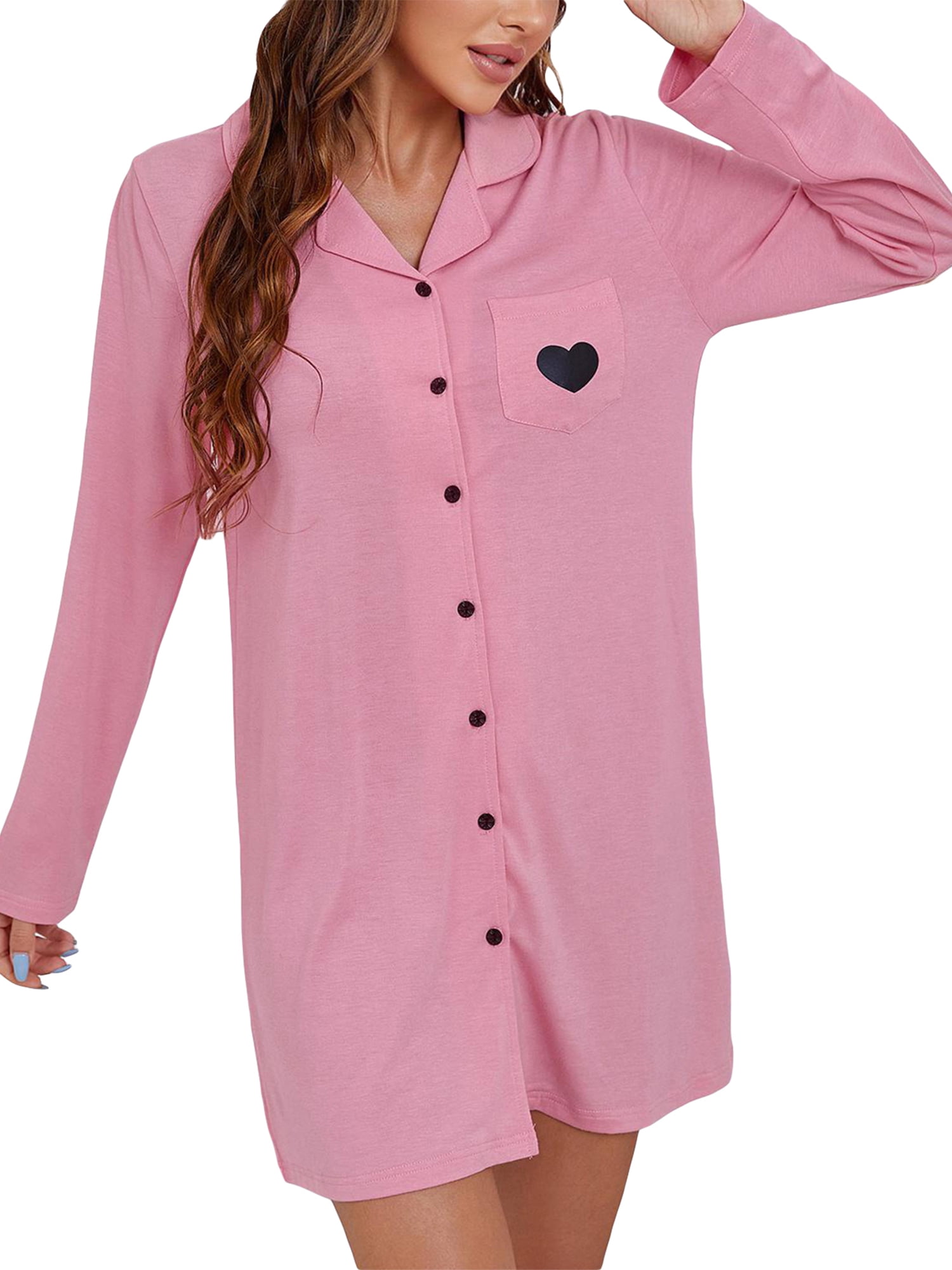 Cenuakty Women's Nightgown Sleepwear Long Sleeve Button Down Nightshirt ...