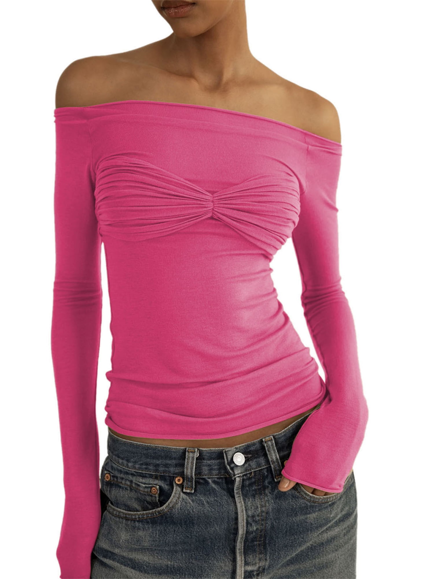Cenuakty Women's Off Shoulder Tops, Long Sleeve Ruched Bust