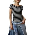 thumbnail image 1 of Cenuakty Women's Off Shoulder Tops Short Sleeve V Neck Solid Color/Striped Print Slim Fit T-Shirts Streetwear, 1 of 9