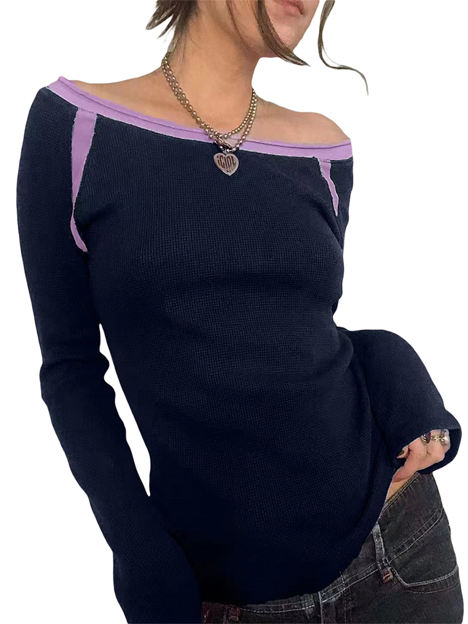 Contrast Off Shoulder Long Sleeve T-Shirts