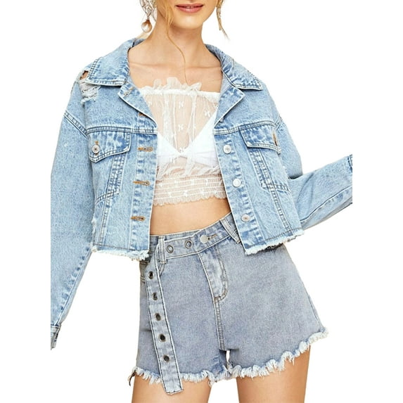 Cenuakty Women's Spring Casual Denim Coats Long Sleeve Button Cropped Jean Jackets