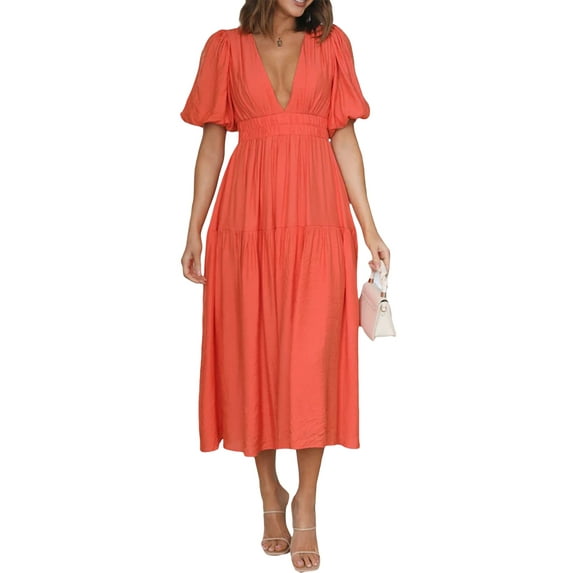 Cenuakty Women's Summer Casual Midi Dress Solid Color Short Sleeve V Neck Pleated Dresses