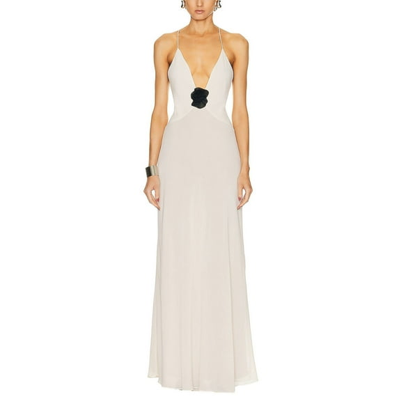 Cenuakty Women´s Summer Long Evening Dress Sleeveless Deep V Neck Flower Decor Party Dress