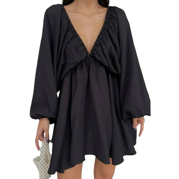 Cenuakty Women's Summer Mini Dress Long Lantern Sleeve Deep V Neck High Waist Solid Color Short A-Line Dress Beachwear