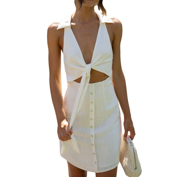 Cenuakty Women's Summer Sleeveless Deep V Neck Short Tie Up Dress Lapel Hollow Out Dresses