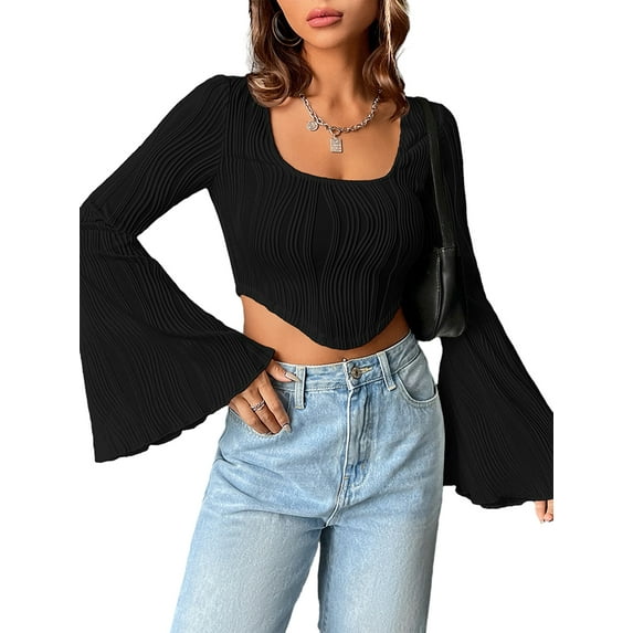 Cenuakty Women´s Textured Crop Tops Long Sleeve Scoop Neck Hanky Hem Solid Color Slim Fit T-Shirt Streetwear