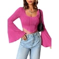 thumbnail image 1 of Cenuakty Women´s Textured Crop Tops Long Sleeve Scoop Neck Hanky Hem Solid Color Slim Fit T-Shirt Streetwear, 1 of 6