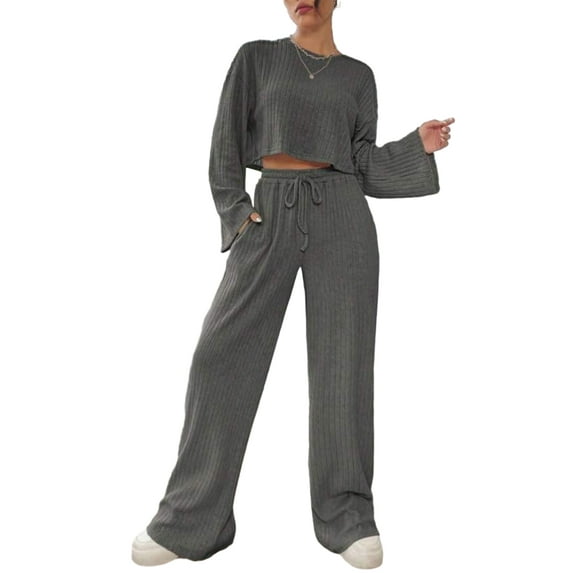 Cenuakty Women’s Two Piece Outfits Set Long Sleeve Ribbed Knit Crop Tops and Drawstring Pants Set Loungewear