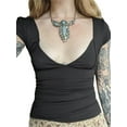 thumbnail image 1 of Cenuakty Womenacute;s Deep V Neck Tops, Casual Short Sleeve Low Cut Solid Color Slim Fit T-Shirts, 1 of 8
