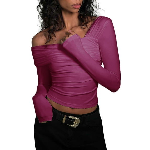 Cenuakty Womenacute;s Slim Ruched Tops Solid Color Asymmetric Off Shoulder Long Sleeve T-shirt Clubwear for Spring Summer
