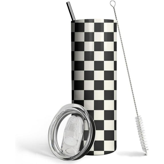 Ceovfoi 20 Oz Black and white Checkered Tumbler with Handle Lid and Straw, Checkered Tumbler Water Bottle Travel Coffee Cup Mug,Checkered Gifts for Women Men