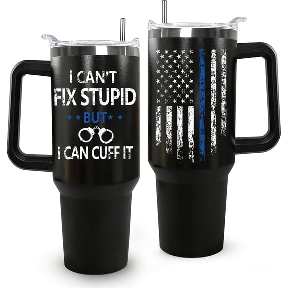 Ceovfoi 40 oz Tumbler with Handle lid and Straw, American Flag Blue Line Stainless Steel Dad Travel Tumbler Cup Mugs,Police Academy Graduation Gifts, Police Gifts for Men Dad