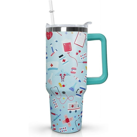 Ceovfoi Nurse Tumbler with Handle,Nurse Gifts for Women,40 oz NurseTumbler with handle Lid and Straw Vacuum Insulated Travel Coffee Mug CupTumble