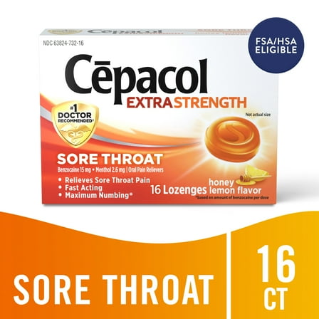 Cepacol Extra Strength Sore Throat Lozenges, Powerful Symptom Relief, Oral Pain Reliever, Honey Lemon Flavor with a Burst of Cool Menthol, 16 Lozenges