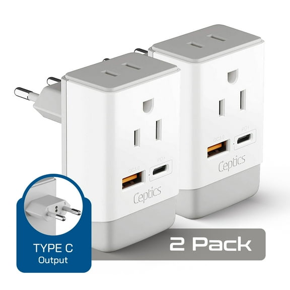 Ceptics 2 Pack European Travel Plug Adapter, US to Europe Plug Adapter, 18W PD-QC 3.0, Dual USB & USB-C - 2 USA Socket - Compact - Use in Greece Italy Turkey Portugal - Type C Fast Charging (2-Pack)