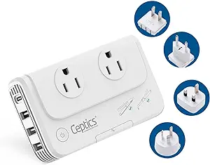 Ceptics 200 W Voltage Converter, Convert 220 V to 110V for Devices Like Curling Iron, Straightener, Chargers, Step Down World Power Plug - 4 USB PD 18W Fast Charging - EU/AU/UK/US Included