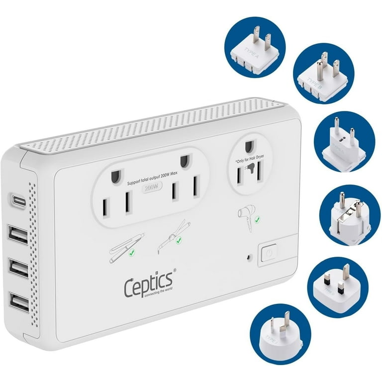 Ceptics 2000W Travel Voltage Converter for Hair Dryer 200W Convert 220V to 110V for Curling Iron Straightener Chargers Step Down World Power 4 USB Charging QC 3.0 SWadApt Type A B