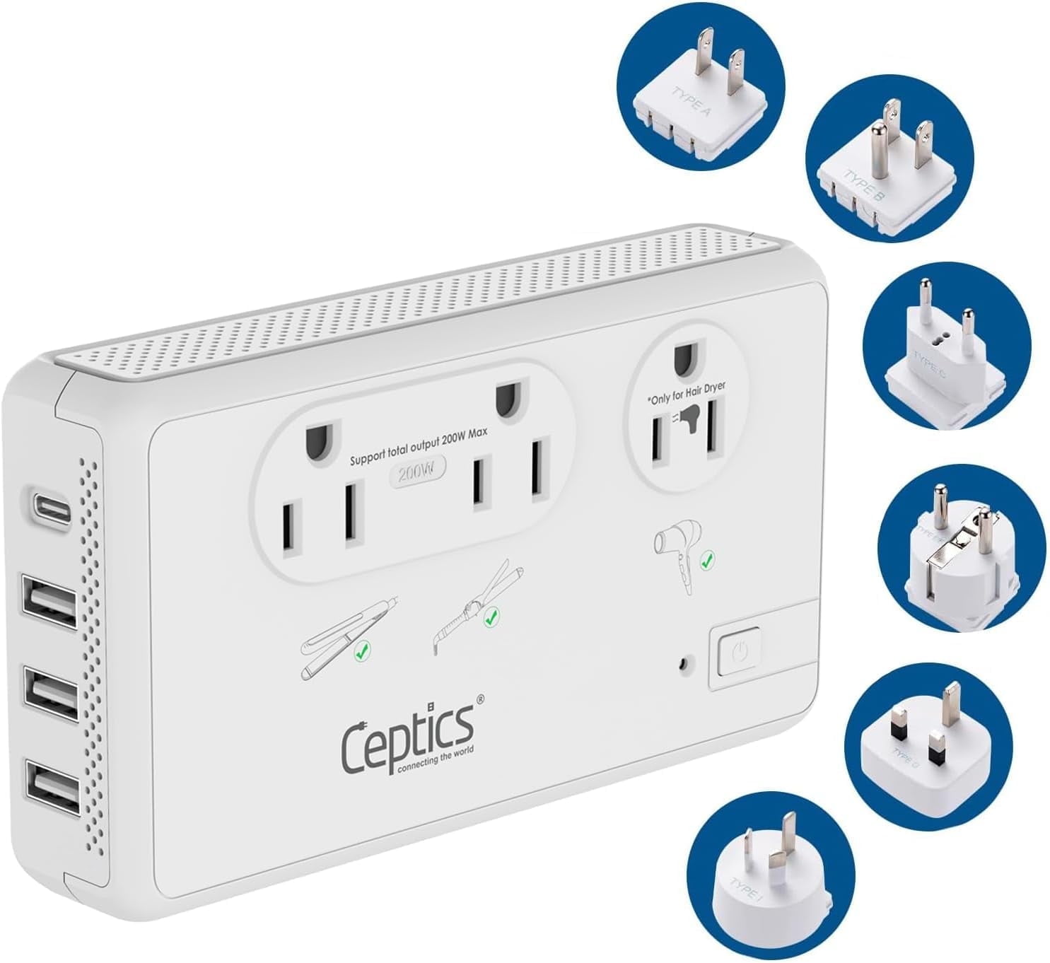 Ceptics 2000W Travel Voltage Converter for Hair Dryer & 200W Convert 220V to 110V for Curling Iron, Straightener, Chargers, Step Down World Power 4 USB Charging QC 3.0 SWadApt Type A, B, C, E/F, G, I